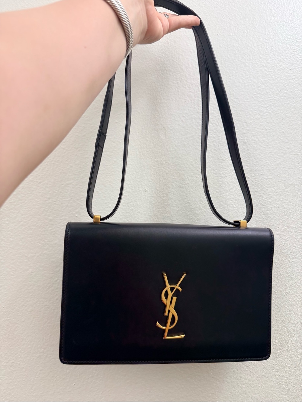 Saint Laurent Black Leather Shoulder Bag with Gold YSL Logo